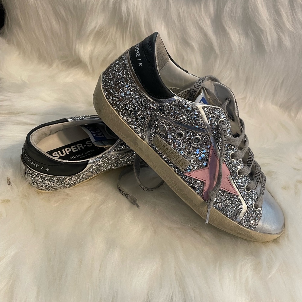 Golden Goose Superstar distressed metallic glittered leather sneakers